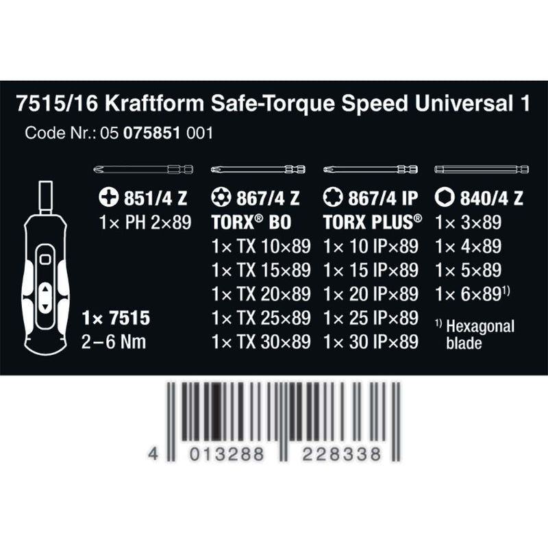 Wera Tools 7515/16 Kraftform Safe Torque Speed Universal Set 1 2-6nm - 16 Pieces